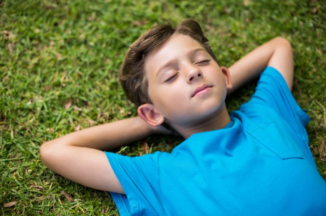Cute young boy sleeping on grass in park